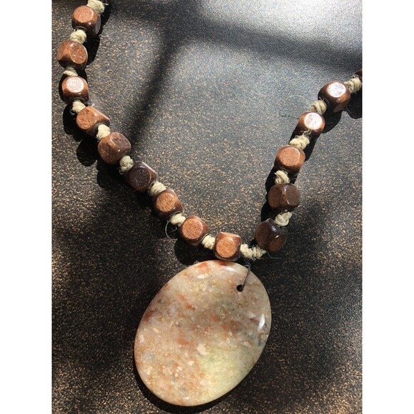 Autumn Jasper Stone Pendant Necklace w Square Wooden Beads Boho Handmade Hippie - Picture 4 of 16